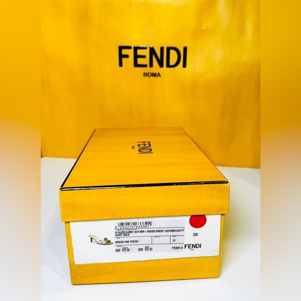 Fendi FFold Metallic Leather Kitten-Heel Sandal Light Gold Open Toe Slide Size36 - Picture 15 of 16